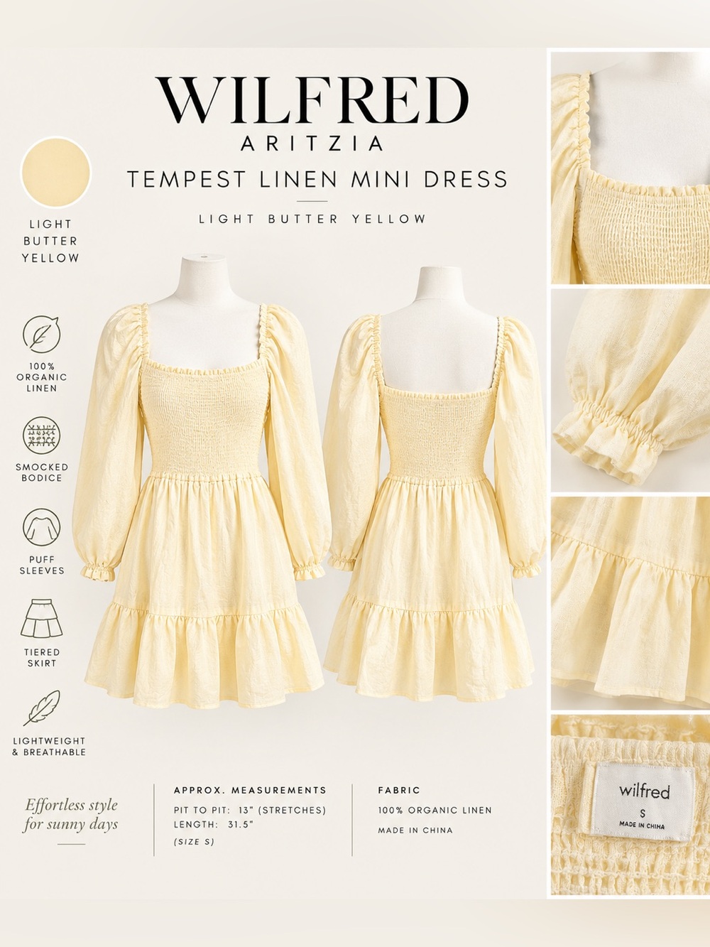 Wilfred Aritzia Tempest Linen Mini Dress Pale Butter Yellow Size S